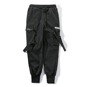 New Black Cargo Pants Hip Hop Boys Multi-pocket Elastic Waist