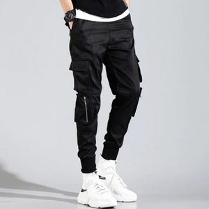 New Black Cargo Pants Hip Hop Boys Multi-pocket Elastic Waist